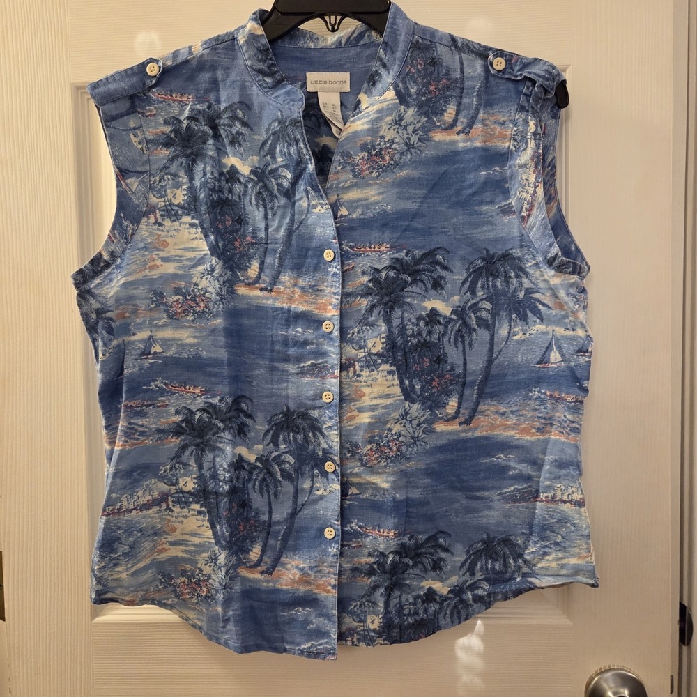Liz Claiborne sz XL Linen/Cotton Tropical Button Up Slvless Camp Shirt beach